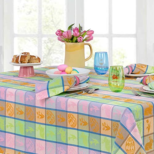 Home Bargains Plus Bunny Jubilee Easter Patchwork Woven Plaid Cotton Tablecloth, Pastel Easter Egg And Floral Plaid Woven Spring Fabric Tablecloth, 60” X 84" Oval #TOP1