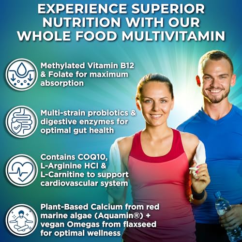 Image of Vegan Whole Food Daily Multivitamin Without Iron, Methylated Multivitamin for Women and Men, Made with Fruits & Vegetables, B-Complex, Probiotics, Enzymes, CoQ10, Omegas, Turmeric, Non-GMO, 180 Count