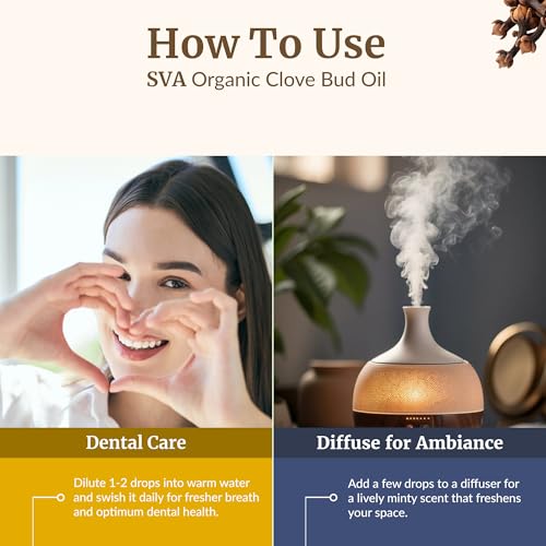 Image of SVA Clove Essential Oil Organic - 4 Fl Oz - 100% Natural Organic Clove Oil - for Diffuser, Hair Care, Face, Skin Care, Aromatherapy, Scalp and Body Massage, Soap and Candle Making - with Dropper
