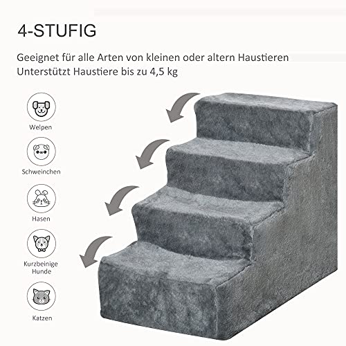 PawHut Hundetreppe 4 Stufen 44 cm Hoch Haustiertreppe für Kleine Hunde Katzentreppe Hunderampe mit Waschbar Bezug Einstiegshilfe für Bett, Sofa, Couch Hellgrau
