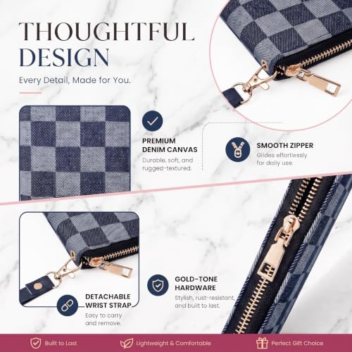 Image of Denim Checkered Wallet for Women, Zip Around Wristlet Wallet | Detachable Wrist Strap, Large Capacity Long Phone Wallet for Cards, Cash & Travel