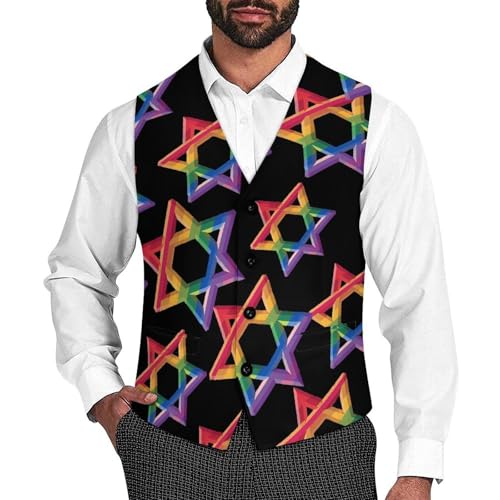 Israel LGBTQ Rainbow Flag Gay Men's Suit Vests Business Formal Dress V-Neck Waistcoat Tops with 2 Pockets