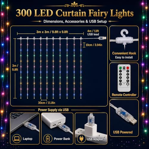Image of One94Store Fairy Curtain String Lights, 300 LED USB Powered Fairy Lights with Remote, 8 Modes, Window Wall Decor for Bedroom, Party, Diwali & Christmas - 3x3m Multicolor