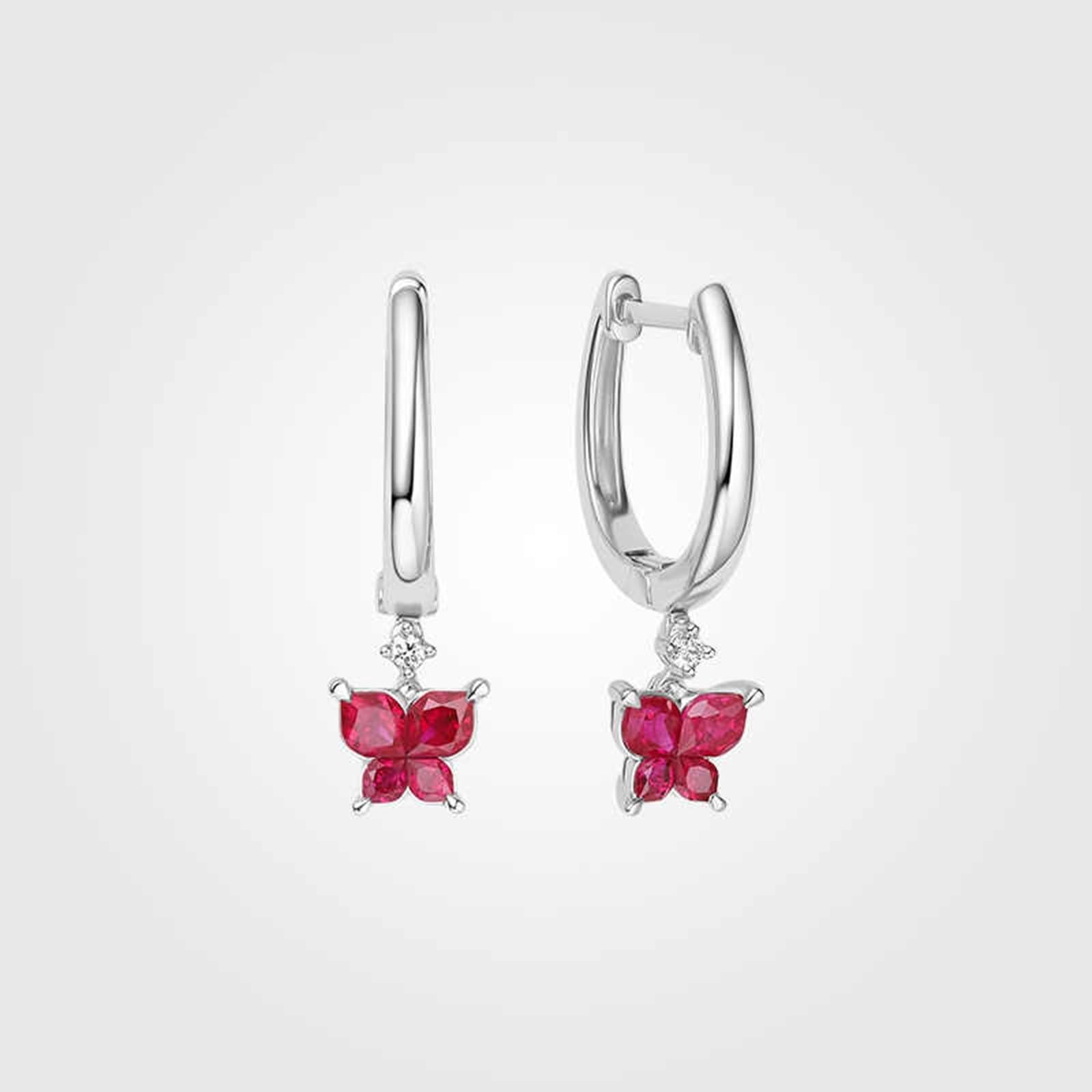 Damskie kolczyki na sztyfcie, nowoczesne motyle, rubin 0,8 ct; diament 0,03 ctGold, wiszące kolczyki damskie dla dziewczyny, białe złoto 14 K, modna biżuteria na Dzień Matki