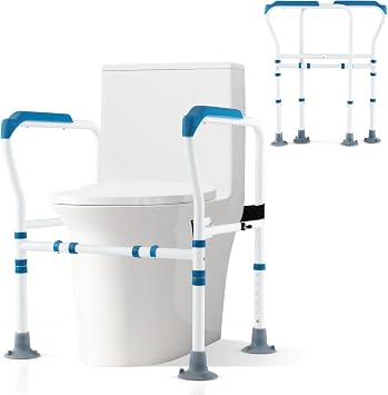 COSTWAY Foldable Toilet Safety Frame, Height & Width Adjustable Toilet Handrail Support Aids with Fixed Strap, Non-Slip Bathroom Toilet Frame Safety Rails Stand for Eldery Handicap Disabled Blue
