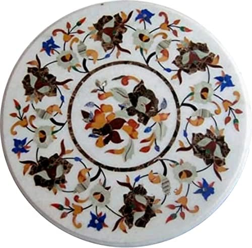 Round Coffee Table 27" Inch, Pietra Dura, Stone Coffee Table, Coffee Table, Marble Coffee Table Natural Indian Makrana White Marble Table