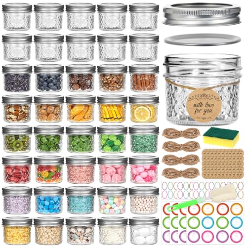 Mcupper 4 oz Glass Mason Jars with Airtight Silver Lids and Bands, 40-Pack with Stickers, Tags & Twines, Mini Canning Jars for Jams, Honey, Spices, Dried Snacks, DIY Crafts, Wedding Favors