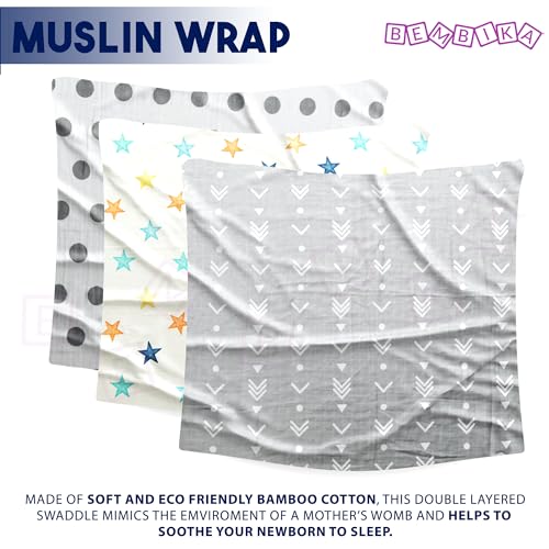 Image of BEMBIKA Bamboo Muslin Swaddle Wrap Baby 120X110 Cm Stroller Blanket Receiving Blanket for Newborn, Multicolor (Pack of 3)