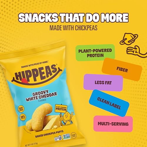Image of Hippeas Chickpea Puffs, Groovy White Cheddar, 4 oz Bag, Baked | Crunchy Chickpea Snacks with 3g Plant Protein, 2g Fiber, 50% Less Fat, Dairy and Gluten Free, Non-GMO, Top 9 Allergen Free