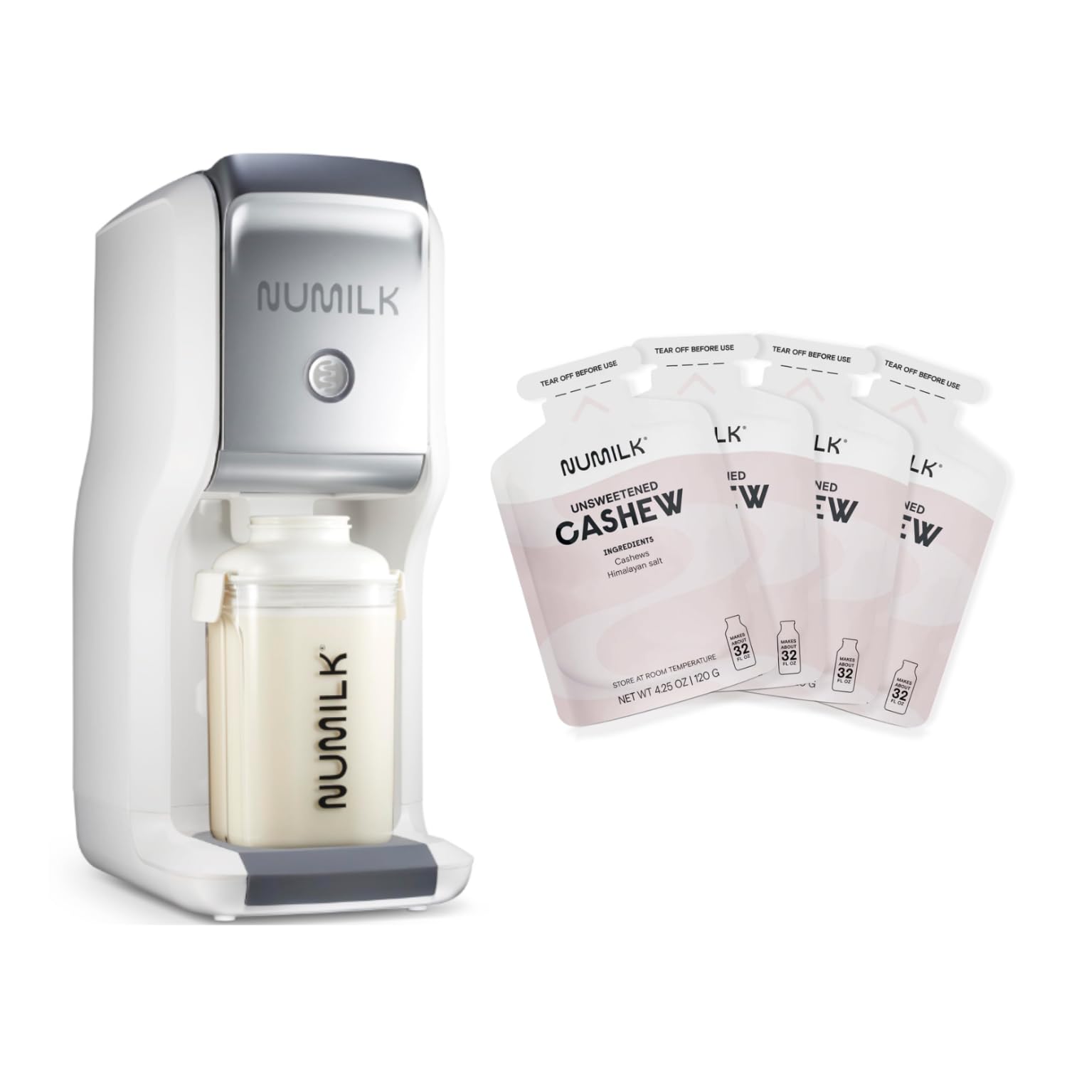 NumilkHome Machine - 32oz Nut Milk Maker - Plant-Based Milk in 60 Seconds - As Seen on Shark Tank - Bundle with 4 Pack Unsweetened Cashew