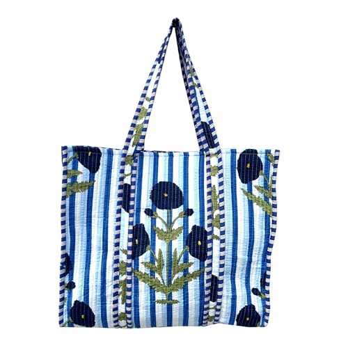 Image of Quilted Cotton Handprinted Reversible Large multicolor Floral Tote Bag,Hand Block Print Shopping Shoulder Carry Bag
