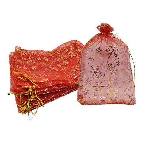 Ankirol 100pcs Christmas Organza Favor Bags Snowflake Jewelry Candy Gift Bags Samples Display Drawstring Pouches (red, 8 X 12) Cover