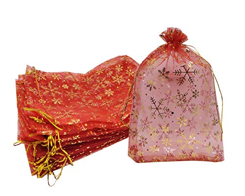Ankirol 100pcs Christmas Organza Favor Bags Snowflake Jewelry Candy Gift Bags Samples Display Drawstring Pouches (red, 8 X 12)