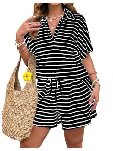 SOLY HUX Womens Plus Size Summer Outfits Short Sleeve Top and Shorts 2 Piece Sets for Curvy Women Black Striped 3X-Large Plus