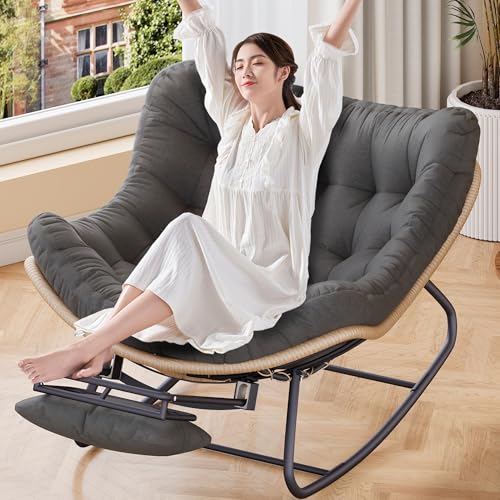 LEMODOR Patio Outdoor Rocking Chair with Foot Rest, Oversized Cozy Comfy Kids Reading Nook Chair with Ottoman for Bedroom Porch Balcony, Rocker Chaise Lounge Chair Indoor, Dark Gray