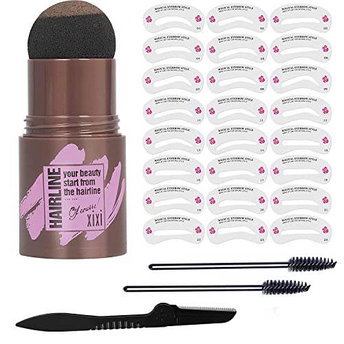 One Step Eyebrow Stamp Stencil Kit, Waterproof Eyebrow Stamp Definer Shaping Kit, Long Lasting Eyebrow Powder Stamp with 24 Reusable Eyebrow Stencils and 1 Brow-shaver (Dark Brown)