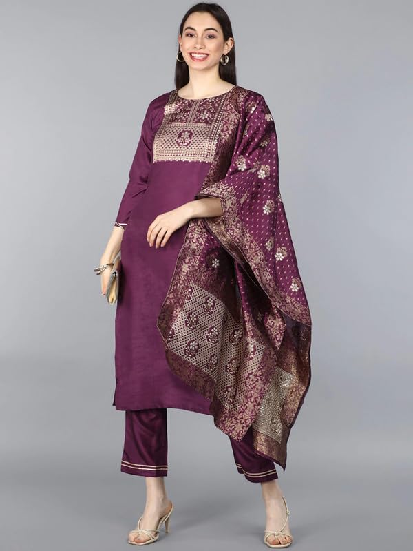 Image of Vaamsi Women's Poly Silk Ethnic Motifs Yoke Design Straight Kurta Set with Dupatta