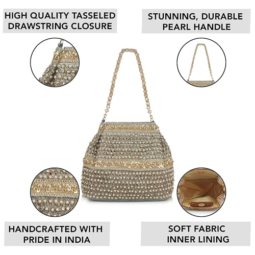 Image of Nevis Silk Fabric Premium Pearl & Crystal Embroidered Potli Bag for Women | Ethnic Bridal Clutch with Golden Handle | Party & Wedding | Potli Bag