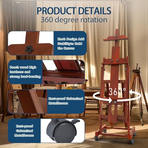H-Frame Easel,Foldable Multifunctional Easel,Removable Floor Easel,Height and Angle Adjustable (Vertical to Horizontal),Art Easel for Adults,Holds Two Canvases (Up to 77 Inches),Art Easel.Walnut