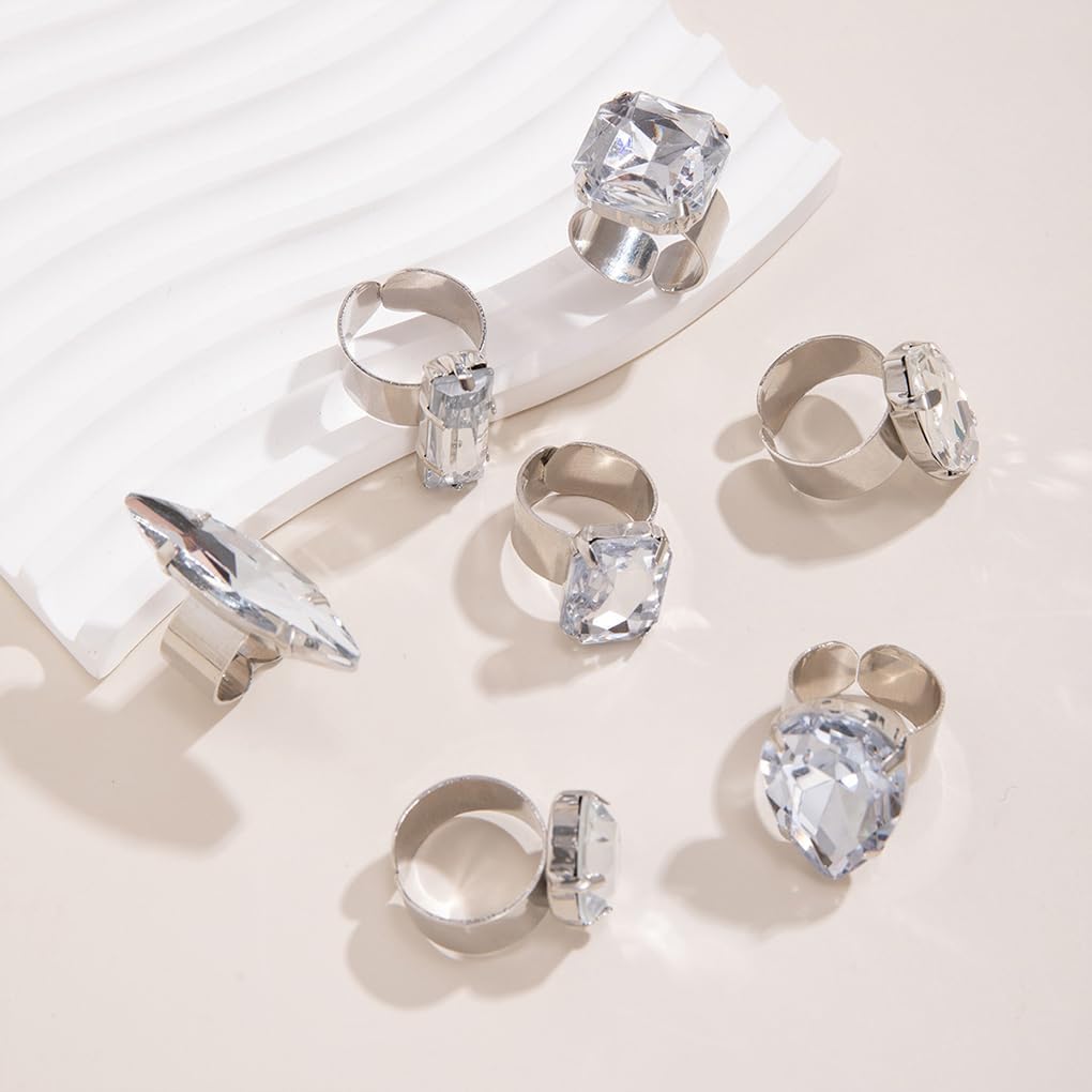FUTIMELY 7Pcs Chunky Crystal Knuckle Rings Set,Sparkling Geometric Personalized Promise Midi Ring Set,Aesthetic Adjustable Waterdrop Round Rings for Women - Image 6