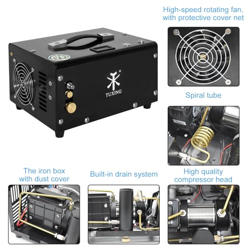 Image of TUXING PCP Air Compressor, Max 4500 PSI, Dual Power Car 12V DC or Home 110V AC, Fast Fill for Air Rifle or Paintball Tank, Built-in Cooling Fan, Portable Pcp Pump (GREEN)