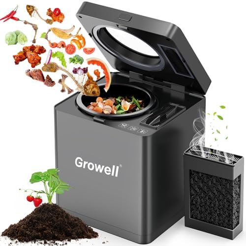 Growell Electric Composter for Kitchen, Smart Composter Indoor Electric with Activated Carbon Filter, Auto-Cleaning, Visible Window, LED Display, 2.5L Odorless Countertop Compost Bin, Space Save Size