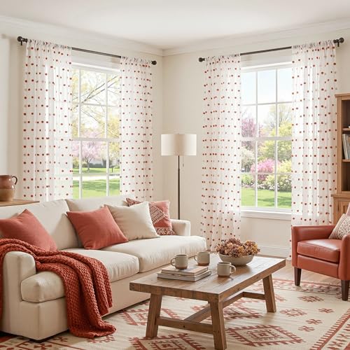 Image of MYSKY HOME Brick Red Pom Pom Sheer Curtains for Bedroom 90 Inch 2 Pieces