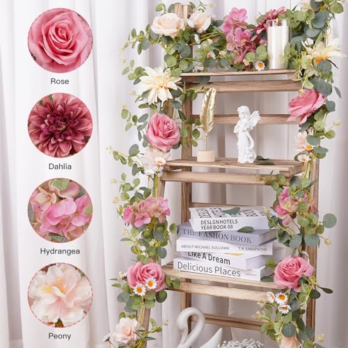 Artificial Pink Flower Garland Decor, 6.07Ft Dahlia Garland Eucalyptus Greenery Garland with Flowers Pink Flower Vines Rose Silk Floral for Wedding Table Centerpieces Garden Party Decor (1 Pack) - Image 4