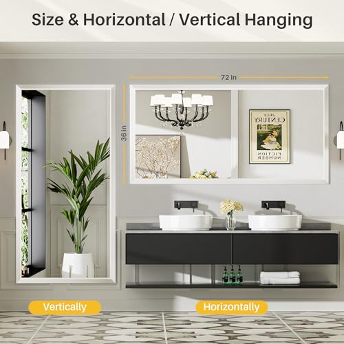 72x36 Inch White Bathroom Mirror for Wall, Thick Metal Framed Rectangle Mirrors for Over Sink, Bedroom, Living Room, Entryway, Anti-Rust, HD Tempered Glass