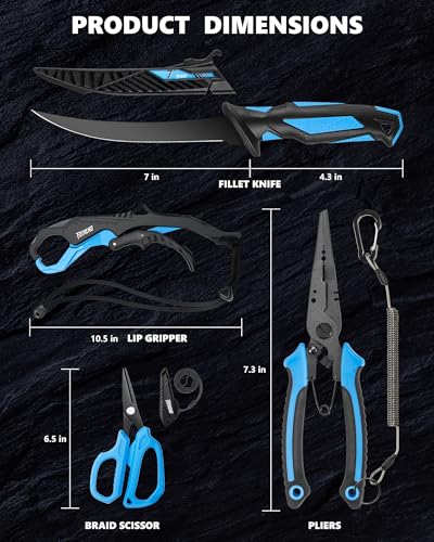 Image of Fishing Tool Kit, Fishing Gear - Fishing Plier with Sheath, Fillet Knife, Fishing Scissors, Fish Lip Gripper, Tool Retractor, Keychain Bottle Opener, Fishing Gifts for Men