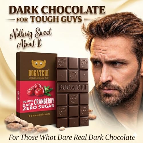 Image of BOGATCHI 99% Dark Handcrafted Chocolate with Cranberries, Real Cocoa Intense Dark Chocolate, 60gm