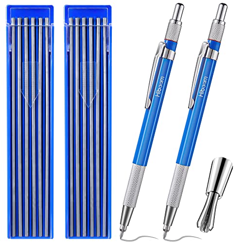 Hiboom 2 Pcs Welders Pencil with 24 Pcs Silver Round Refills Mechanical Pencils Metal Marker with Built in Sharpener for Pipe Fitter Welder Steel Construction Fabrication Woodworking Design Patent