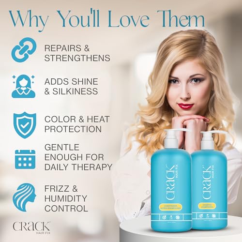 CRACK HAIR FIX Shampoo and Conditioner Set, 33.8 oz Each | Anti-Frizz Hair Products for Damaged Hair, Bond Repair, Curl Care, Humidity Control, and Color Protection