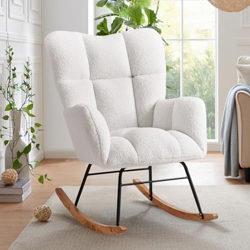 Image of Kiztir Rocking Chair Nursery, High Backrest Teddy Glider Rocker Upholstered Rocker Recliner Modern Rocking Accent Chairs for Bedroom, Living Room, Offices (Ivory)