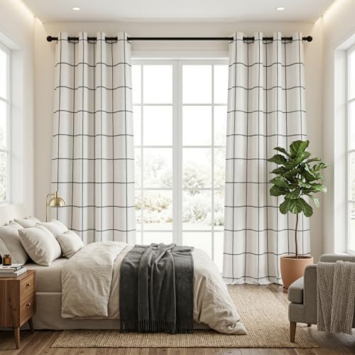 Image of MYSKY HOME 100% Blackout Black Plaid Linen Ceiling Curtains 96 Inches Long 2 Panels Set Double Layer Farmhouse Thermal Insulated Checkered Print Drapes for Living Room Bedroom, 2 Pcs, 52 inch Wide