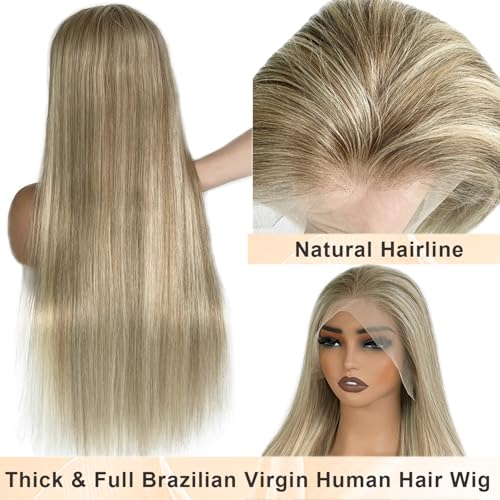 Image of Light Blonde Highlight Lace Front Wig Human Hair 13x6 HD Lace Frontal Wigs Pre Plucked Ash Blonde with White Platinum Highlights Brazilian Virgin Human Hair Wig for White Women with Brown Roots 16 inch