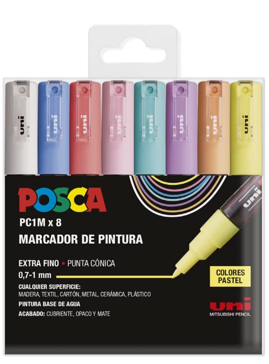 UNI Posca Estuche de 8 Rotuladores PC1M de Color Pastel de Punta Cónica Extra Fino