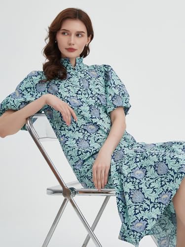 Image of Summer Floral Midi Dress for Women Spring Puff Short Sleeve Button Down Flowy Boho Dresses