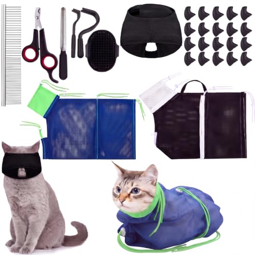10 Pcs Cat Bathing Bag, Cat Shower Grooming Kit, Black and Blue