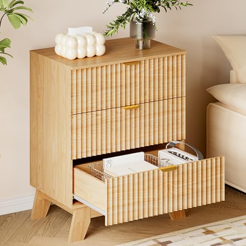 Image of BORNOON Fluted 3 Drawer Dresser, 30.3 inch Tall Compact Modern Boho Chest of Drawers, Wooden Storage Cabinet for Bedroom, Living Room, Entryway, Curved Profile Design