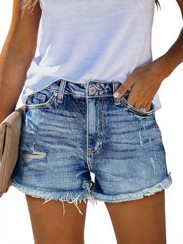 Image of onlypuff Women Denim Shorts Ripped Mid Waisted Jean Shorts with Pockets