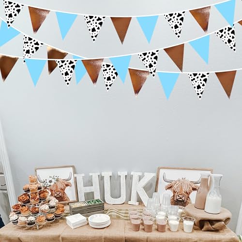 Image of 32Ft Cow Party Decorations Western Cowboys Triangle Flag Fabric Banner Pennant Garland Streamer for Western First Rodeo Birthday Baby Shower Country Farm Cow Wild West Bandana Party Decor Supplies
