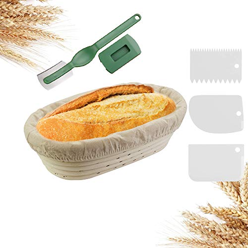 EMAGEREN Kit de Fermentación de Pan - Cesta Banneton Ovalada de Ratán 25*15*8cm, 6 Piezas con Tela de Lino, Raspadores de Masa y Cortador para Fermentación y Cuajado
