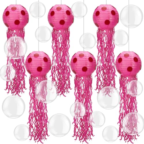 Lunmon 6 Sets Sponge Themed Birthday Party Decoration 8 or 10 Inch Jellyfish Hanging Paper Lanterns 100 Pcs 5/10 Inch Clear Balloon Cartoon Lantern for Ocean Mermaid Under The Sea Party (Rose Red) by Lunmon - Used condition - US$16.96