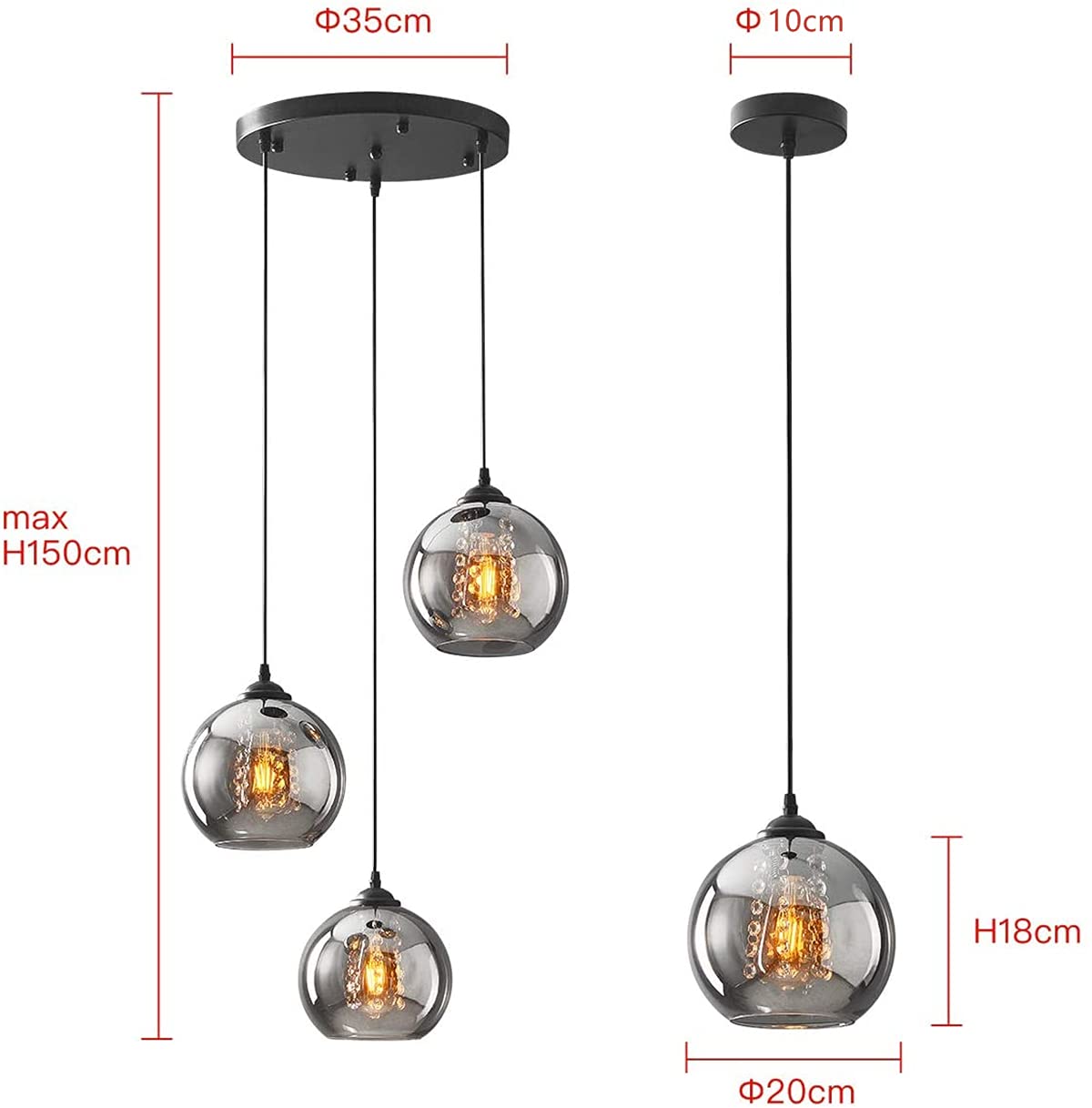 H.W.S LáMpara Colgante De Cristal DiseñO Bola Moderna Creativa DecoracióN Interior Ajustable En Altura Luminaria Sala Estar (Smoky gray, 3 flamming round)