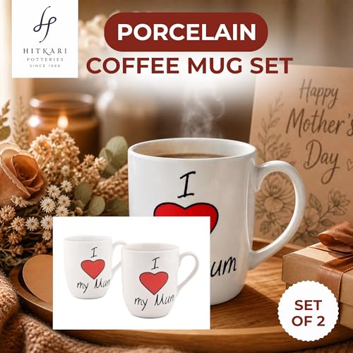 Image of Hitkari Potteries Mugs Set of 2 350ml | Coffee Cups & Mug for Women | Porcelain Coffee Mugs for Morning & Evening | Tea Mugs for Gift Birthday | Mug for Mom | I Love You Mum