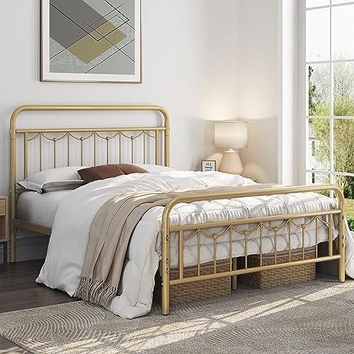Yaheetech YT-00120413 Full Size Metal Bed Frames With Vintage Headboard And Footboard, Farmhouse Metal Platform Bed, Heavy Duty Steel Slat Support, Ample Under-Bed Storage, No Box Spring Needed, Antique Gold thumb #2