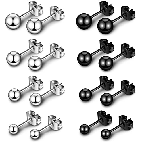 8 Paires de Boucles d'Oreilles Rondes pour Femme Filles Boucles d'Oreilles à Boule en Acier au Titane en Argent Noir, 3 mm 4 mm 5 mm 6 mm