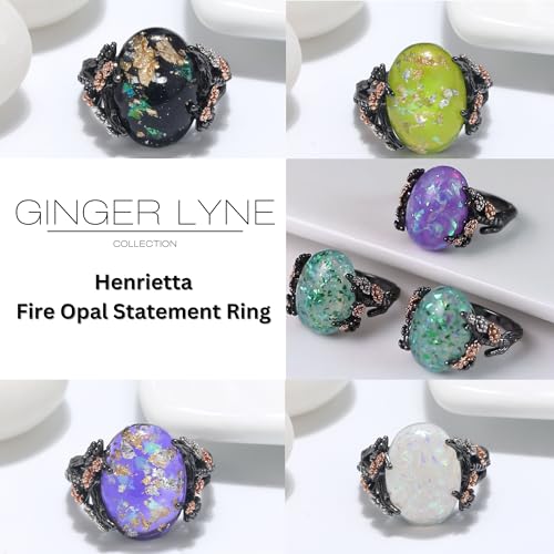 Henrietta Simulated Fire Opal Ring for Women by Ginger Lyne | Elven Gothic Black Plated for Engagement Promise or Statement -Tree Branch Flower Design Setting2