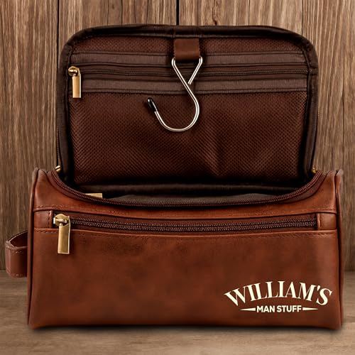 ONPRINTS Personalized Leather Toiletry Bag for Men, Custom Travel Gift for Dad, Brother, Grandpa, Husband, Perfect Birthday or Groomsmen Gift for Men Who’s Always on the Move (Man Stuff)